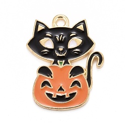 Negro Pandants de esmalte de aleación de halloween, la luz de oro, calabaza con gato, negro, 24x19x1.5 mm, agujero: 1.8 mm