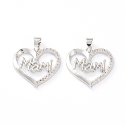Real Platinum Plated Brass Micro Pave Clear Cubic Zirconia Pendants, Long-Lasting Plated, for Mother's Day, Heart with Word Mami, Real Platinum Plated, 19x19x2.5mm, Hole: 5x2.5mm