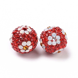 Siam Clair  Perles de strass d'argile polymère , perles de boule pave disco , ronde avec des fleurs, light siam, 16mm, Trou: 1.6~1.8mm