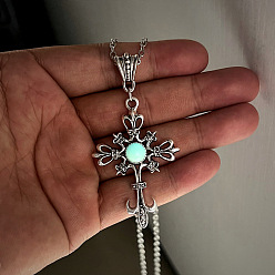 Blue Luminous Glow In The Dark Glass Cross Pendant Necklace, Alloy Jewelry, Blue, 19.69 inch(50cm)