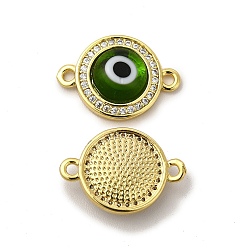 Light Green Rack Plating Real 18K Gold Plated Brass Micro Pave Clear Cubic Zirconia Connector Charms, Flat Round with Evil Eye Links, with Handmade Lampwork, Cadmium Free & Lead Free, Long-Lasting, Light Green, 18.5x13x4mm, Hole: 1.4mm