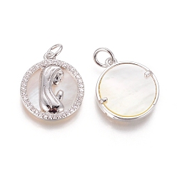 Platinum Brass Pendants, with Micro Pave Cubic Zirconia, Shell and Jump Rings, Flat Round with Virgin Mary, Clear, Platinum, 17.5x15.5x2.5mm, Hole: 3.5mm