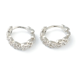 Platinum Brass Micro Pave Clear Cubic Zirconia Huggie Hoop Earrings, Ring with Heart, Platinum, 12x13x3.5mm, Pin: 0.6mm