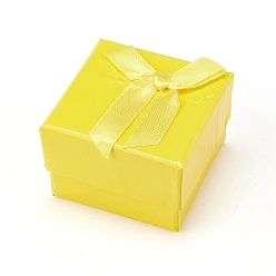 Jaune Boîtes à boucles d'oreilles en carton, avec ruban bowknot et éponge noire, pour emballage cadeau bijoux, carrée, jaune, 5x5x3.5 cm