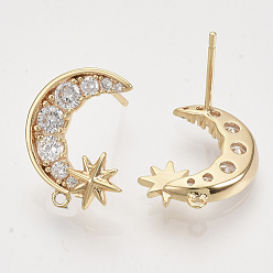 Real 18K Gold Plated Brass Micro Pave Clear Cubic Zirconia Stud Earring Findings, with Loop, Nickel Free, Moon with Star, Real 18K Gold Plated, 16x13mm, Hole: 1mm, Pin: 0.9mm
