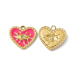Hot Pink Vacuum Plating 201 Stainless Steel Rhinestone Pendants, Enamel Style, Real 18K Gold Plated, Heart with Eye Charm, Hot Pink, 14x15x2mm, Hole: 1.6mm