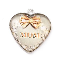 Light Grey Mother's Day Alloy Pendants, with Glass, Platinum, Heart Charm with Word Mom, Light Grey, 23x20.5x4mm, Hole: 2mm