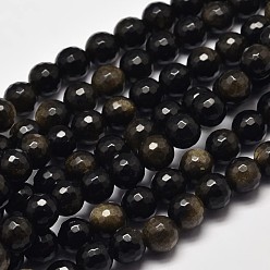 Golden Sheen Obsidian Faceted Round Natural Golden Sheen Obsidian Beads Strands, 8mm, Hole: 1mm, about 48pcs/strand, 15.4 inch