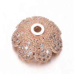 Or Rose Bouchons de perles de zircone cubique en laiton micro-pavé écologique à fleurs multi-pétales, sans plomb et sans nickel, or rose, 11x4.8mm, Trou: 1mm