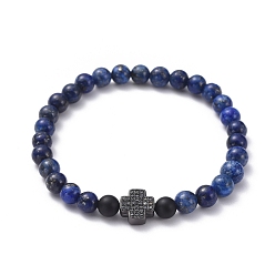 Lapis Lazuli Natural Lapis Lazuli(Dyed) Beaded Stretch Bracelets, with Natural Black Agate(Dyed) Beads and Brass Micro Pave Cubic Zirconia Pendants, Cross, 2 inch(50mm)