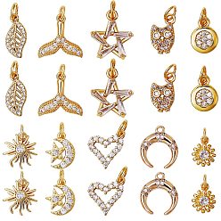 Golden 20Pcs 10 Style Brass Micro Pave Cubic Zirconia Charms, with Jump Ring, Long-Lasting Plated, Mixed Shapes, Golden, 2pcs/style