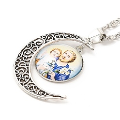PapayaWhip Glass Religion Fairy with Crescent Moon Pendant Necklace, Antique Silver Alloy Jewelry for Women, PapayaWhip, 18.31 inch(46.5cm)