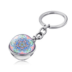 Light Steel Blue Yoga Mandala Pattern Double-Sided Glass Half Round/Dome Pendant Keychain, with Alloy Findings, for Car Bag Pendant Accessories, Light Steel Blue, 7.9cm