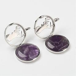 Amethyst Natural Amethyst Pendants, with Brass Diffuser Locket Finding, Flat Round with Christmas Reindeer/Stag, 31x26x8mm, Hole: 4mm