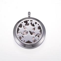 Stainless Steel Color 304 Stainless Steel Diffuser Locket Pendants, with Magnetic Clasp, Flat Round with Star, Stainless Steel Color, 36.5x30x8mm, Hole: 5mm
