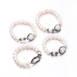 Mixed Color Round Pearl Stretch Bracelets, with Rhinestone and Brass Findings, Mixed Color, 45~54mm, Pearl Bead: 9~11mm thick