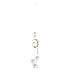 Golden Glass Teardrop Big Pendant Decorations, Hanging Suncatchers, with Octagon Glass Beads and Moon Brass Link, for Home Window Decoration, Golden, 382mm, pendant: 222x41x21mm