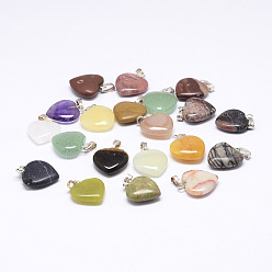 Platinum Natural Mixed Stone Pendants, with Brass Finding, Heart, Platinum, 23mm, Hole: 2x5mm, 20pcs/box