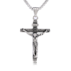 Stainless Steel Color Cross Pendant Necklace with Jesus Crucifix Religious Necklace Sacrosanct Charm Neck Chain Jewelry Gift for Birthday Easter Thanksgiving Day, Stainless Steel Color, 21.65 inch(55cm)