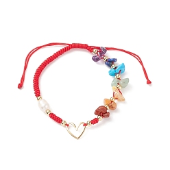 Rouge Bracelets de perles tressées en pierres naturelles mélangées et perles d'eau douce, bracelet à maillons coeur en laiton pour homme femme, rouge, diamètre intérieur: 2~3-5/8 pouce (5.1~9.1 cm)