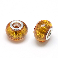 Verge D'or Résine perles européennes, Perles avec un grand trou   , avec noyaux en laiton plaqué couleur argent, Rondelle de grandes perles de trou, verge d'or, 13.5x9~9.5mm, Trou: 5mm