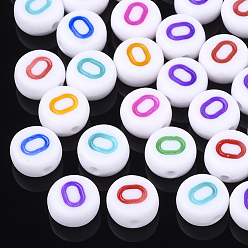 Letter O Initial Acrylic Beads, Horizontal Hole, Flat Round, Mixed Color, Letter.O, 7x3.5~4mm, Hole: 1.2mm, about 3700pcs/500g