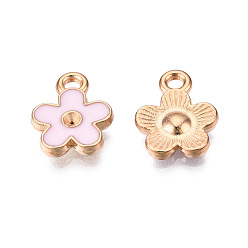Pink Alloy Pendant Rhinestone Settings, with Enamel, Flower, Light Gold, Pink, Fit for 1mm Rhinestone, 12.5x10x2mm, Hole: 1.2mm