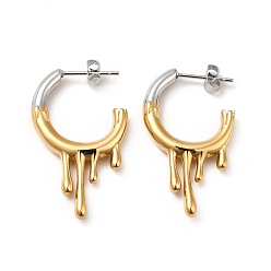 Golden & Stainless Steel Color Two Tone 304 Stainless Steel Melting Dripping Stud Earrings, Half Hoop Earrings for Women, Golden & Stainless Steel Color, 33x19x4mm, Pin: 0.7mm