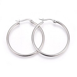 Stainless Steel Color 304 Stainless Steel Hoop Earrings, Hypoallergenic Earrings, Ring Shape, Stainless Steel Color, 36x34x2mm, 12 Gauge, Pin: 1mm