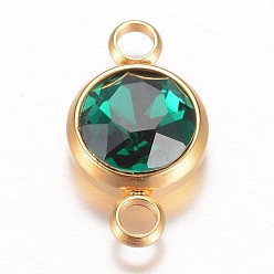Emerald Glass Links connectors, Faceted, with 304 Stainless Steel Findings, Flat Round, Golden, Emerald, 17.5x10x6.5mm, Hole: 2.5mm