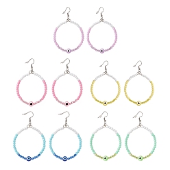 Mixed Color Resin Evil Eye & Acrylic Beaded Big Ring Dangle Earrings, 304 Stainless Steel Jewelry for Women, Mixed Color, 77mm, Pin: 0.6mm