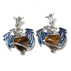 Tiger Eye Natural Tiger Eye Pendants, Faceted Heart Charms, with Rack Plating Platinum Plated Brass Enamel Dragon, 37mm, Pendant: 30.5x28.5x6.5mm, Hole: 3x3.5mm