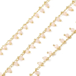 Rose Brumeux Chaînes de perles de verre rondes, facette, non soudée, avec des chaînes en laiton de trottoir, or, rose brumeuse, 3x1.8x1mm