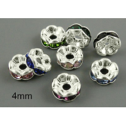 Mixed Color Brass Rhinestone Spacer Beads, Grade AAA, Wavy Edge, Nickel Free, Silver Metal Color, Rondelle, Mixed Color, 4x2mm, Hole: 1mm