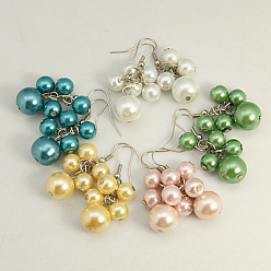 Mixed Color Fashion Glass Pearl Cluster Earrings, with Brass Earring Hooks, Mixed Color, 43mm
