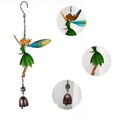 Green Fairy Wind Chimes, with Bell, Glass and Iron Findings, for Home, Party, Festival Decor, Garden, Yard Decoration, Green, 380x120mm