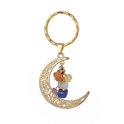 Mixed Stone Natural Gemstone Chips & Alloy Moon Pendant Keychain, with Iron Keychain Clasp, 6.9cm