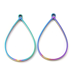 Rainbow Color 304 pendentifs en forme de larme à lunette arrière ouverte en acier inoxydable, pour diy uv résine, une résine époxy, Bijoux à fleurs pressées, couleur arc en ciel, 40x24.5x3mm, Trou: 2mm, diamètre intérieur: 34x22.5 mm