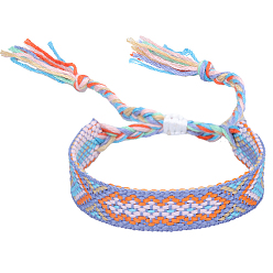 Lilac Polyester-cotton Braided Rhombus Pattern Cord Bracelet, Ethnic Tribal Adjustable Brazilian Bracelet for Women, Lilac, 5-7/8~11 inch(15~28cm)