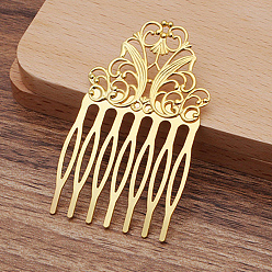 Golden Iron Hair Combs Findings, with Brass Flower, Golden, 65x38x2mm