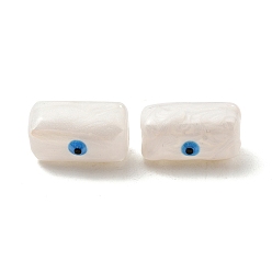 Blanco Perlas de vidrio opacos, con esmalte, rectángulo con patrón de mal de ojo, blanco, 13x9.5x7 mm, agujero: 1.6 mm