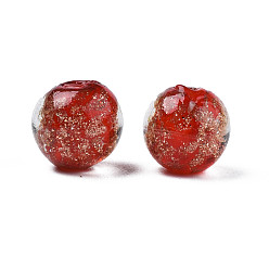 Rouge Perles au chalumeau de sable d'or faites à la main , ronde, rouge, 9~10x9~10mm, Trou: 1.5mm