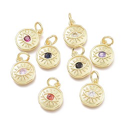 Mixed Color Brass Micro Pave Cubic Zirconia Pendants, with Jump Ring, Flat Round with Eye, Real 18K Gold Plated, Mixed Color, 12x10x2mm, Jump Rings: 5x0.8mm, Inner Diameter: 3mm