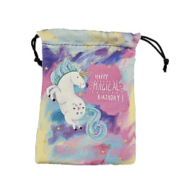 Licorne Sachets d'emballage en peluche imprimés sacs à cordon, sacs de rangement pour cadeaux d'anniversaire, rectangle, motif de licorne, 18x13 cm