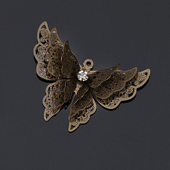 Bronze Antique Pendentifs en laiton, avec strass, papillon, bronze antique, 25x35mm