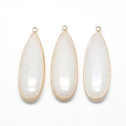 Blanc Jade blanc naturel gros pendentifs, avec les accessoires en laiton, teint, larme, or, blanc, 55~58x18~19x7mm, Trou: 2mm