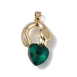 Teal Real 18K Gold Plated Rack Plating Brass Micro Pave Clear Cubic Zirconia Pendants, with Glass, Long-Lasting Plated, Cadmium Free & Lead Free, Leopard with Heart Charm, Teal, 28.5x17.5x8mm, Hole: 5x3.2mm