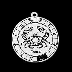 Cancer 201 Stainless Steel Pendants, Laser Engraved Pattern, Flat Round with Constellation, Cancer, 33x30x1mm, Hole: 2mm