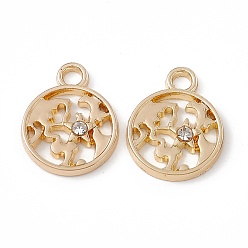 Oro Colgantes de diamantes de imitación de aleación de cristal, redondo plano con colgante de estrella, dorado, 16x12.5x2 mm, agujero: 2 mm
