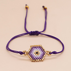 Violet Foncé Hexagone avec mauvais œil bracelet de perles tressées de graines de verre pour les femmes, violet foncé, 11 pouce (28 cm)